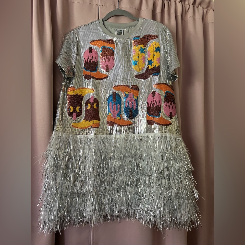 QUEEN OF SPARKLES Silver Sequin Fringe Mini Dress with Multicolor Appliqué